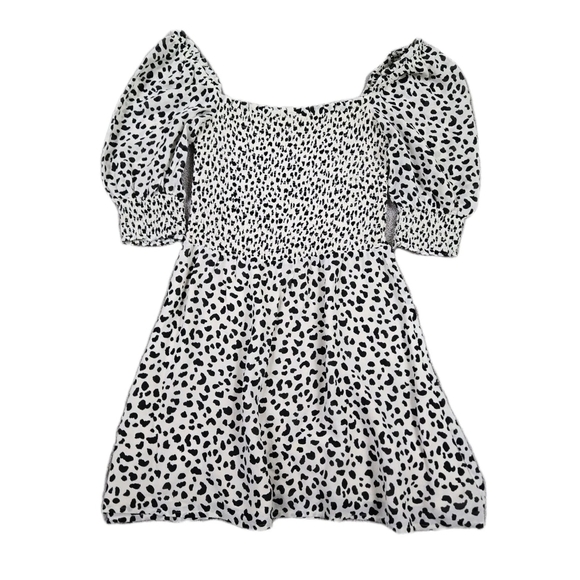 Reformation Elle Mini Dress Black White Ocelot Animal Print Smocked Puff Sleeves - Picture 2 of 14